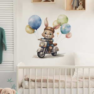 Cartoon rabbit on scooter with colorful balloons wall decal for nursery room decor