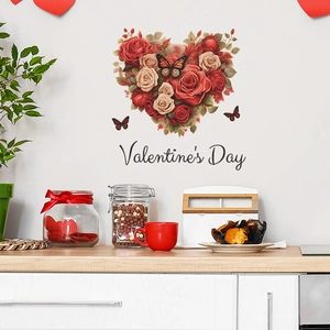 Heart-shaped red rose wall sticker with butterflies for Valentine's Day decor