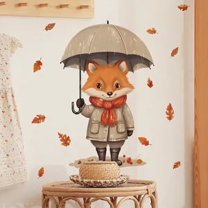 Cute cartoon fox with umbrella and autumn maple leaves wall sticker for home decor