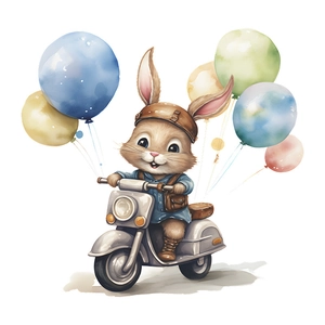 Cartoon rabbit riding a motorcycle with colorful balloons wall sticker for kids rooms