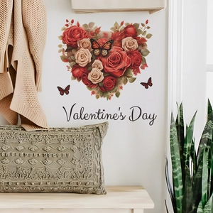 Heart-shaped rose flower wall decal with butterflies for Valentine's Day room decor