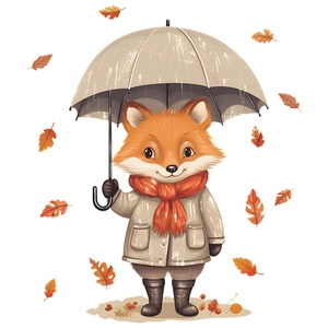 Cartoon fox with umbrella and autumn leaves wall sticker for home decor decoration
