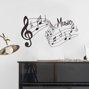 Minimalist black music notes wall decal with treble clef and stave for living room decor