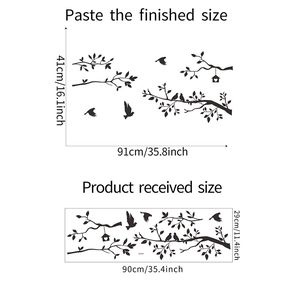 Detailed wall sticker dimensions showing birds on branches design, 41x91cm finished size