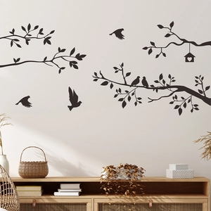 DIY black silhouette wall sticker with tree branches, birds and birdhouse for home decor