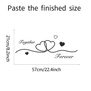 Detail view showing dimensions of Forever Together heart wall sticker at 57x21cm