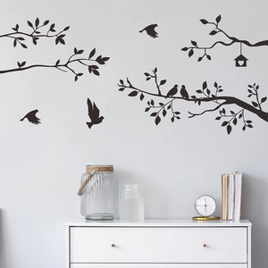 Minimalist black tree branches and birds wall decals for modern living room home decor