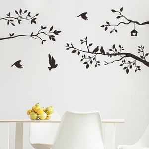 Modern black tree branch and bird silhouette wall decals for home living room decor