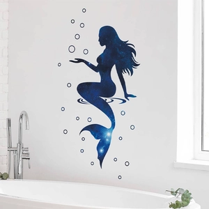 Blauwe zeemeermin muursticker met sterrenstelsel patroon voor badkamer decor