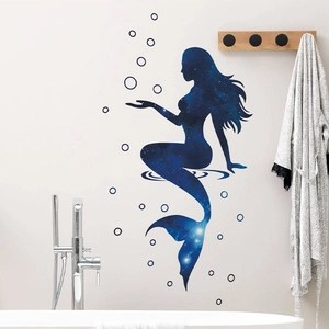 Blauwe sterrenhemel zeemeermin silhouet muursticker met bellen voor badkamer decoratie