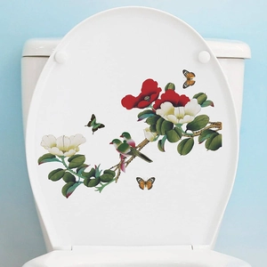 Floral toilet lid sticker with colorful birds and camellias for bathroom decoration