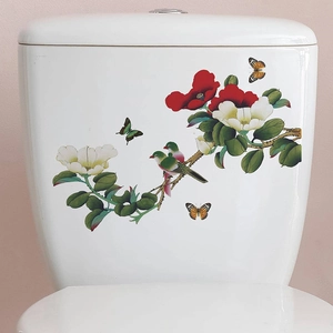 Self-adhesive floral toilet lid sticker featuring birds and flowers on white ceramic