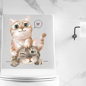 Cute cartoon cats toilet seat sticker decoration with grey and brown kittens and red hearts