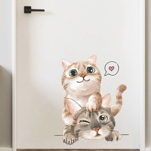 Cartoon orange and tabby cat wall stickers for bathroom door decor and home aesthetics