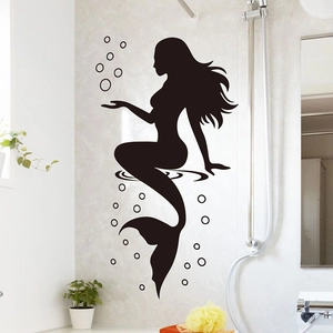 Modern black mermaid silhouette wall sticker with bubble decals on bathroom tiles