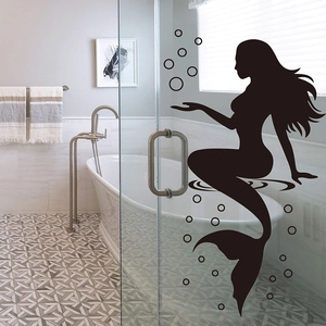 Waterproof black mermaid silhouette with bubbles wall sticker for bathroom glass decoration