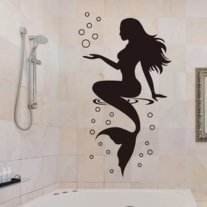 Black mermaid silhouette wall sticker with bubbles for bathroom glass and tile decoration