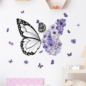 Künstlerische Lila Blume Schmetterling Flügel Mädchen Silhouette Wandtattoo PVC Aufkleber Für Wohnzimmer Schlafzimmer Wand