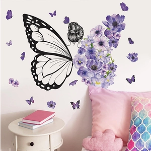Wandtattoo mit lila Blumen und Schmetterling für Mädchenzimmer Dekoration Zuhause