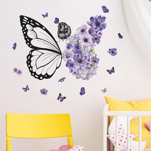 Kreativer lila Blumen Schmetterling Wandaufkleber für modernes Schlafzimmer Dekor