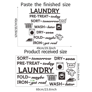 Layout diagram for laundry wall decals showing product dimensions and application size