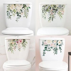Watercolor Tropical Green Plant Toilet Lid Sticker Floral Bathroom Tank Decoration Waterproof PVC Home Decor Wall Decal