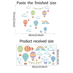 Detailed size specifications for cartoon hot air balloon and rainbow wall stickers for nursery