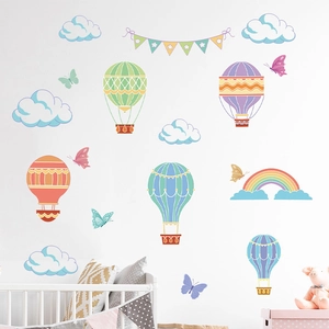 Pastel hot air balloon and rainbow wall stickers set for children nursery room decor
