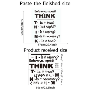 Detail view of THINK motivational wall sticker showing layout and finished dimensions