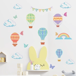 Cartoon hot air balloon and cloud wall decals for kids bedroom nursery decor