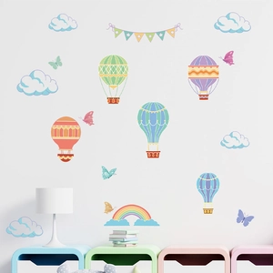 Cartoon hot air balloon and cloud wall decals for nursery decor with rainbow stickers
