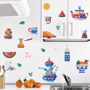 Colorful bohemian style kitchen wall stickers featuring teapots, coffee cups and fruit slices