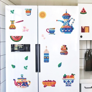 Creative Bohemian style teacup and fruit kitchen fridge magnets set on white refrigerator