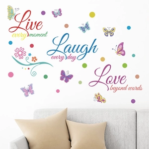 Stickers muraux colorés Live Laugh Love avec papillons pour déco de chambre