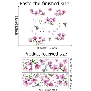 Detail showing dimensions of purple magnolia and hummingbird wall sticker layout