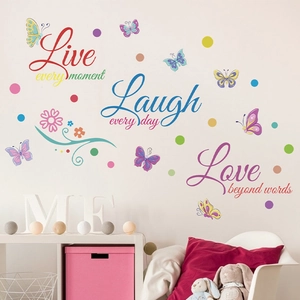 Stickers muraux Live Laugh Love avec papillons colorés pour déco de chambre
