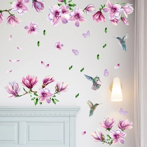 Purple magnolia flowers and hummingbirds wall decals set for cozy bedroom decoration