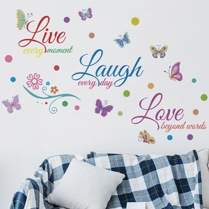 Live Laugh Love Stickers Muraux Motivationnels Amovibles PVC Slogan Anglais Papillon Floral pour Chambre Salon Décoration