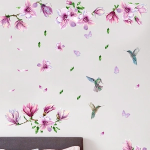 Watercolor purple magnolia wall stickers with hummingbirds and butterflies for bedroom decor