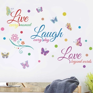Stickers muraux Live Laugh Love avec papillons colorés et fleurs pour déco