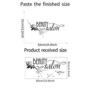 Dimensions du sticker mural Beauty Salon indiquant la taille réelle et appliquée