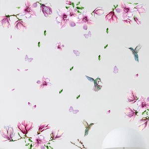 Purple magnolia flowers and hummingbirds wall decals for living room decor