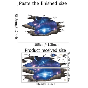 3D galaxy wall sticker set with detailed product dimensions and layout specifications