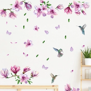 Watercolor Purple Magnolia Flower Hummingbird Wall Stickers PVC Self-Adhesive Mural For Bedroom Living Room Home Decor