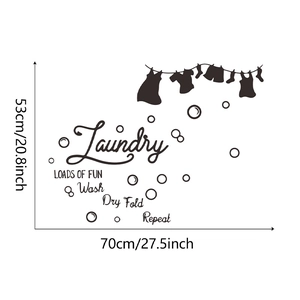 Detail showing Laundry wall sticker dimensions 53cm x 70cm with wash dry fold repeat text