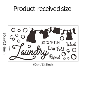 Flat layout of the Laundry wall decal showing 30x60cm dimensions and vinyl silhouettes