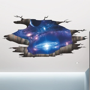3D hole galaxy wall decal showing cosmic nebula star clusters on a white ceiling