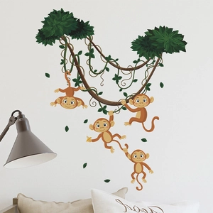 Cartoon monkey tree climbing wall decals for kids room and kindergarten decoration