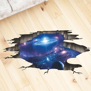 Creative 3D cosmic galaxy floor sticker with broken wall effect for bedroom decor