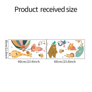 Feuille détaillée de stickers muraux animaux montrant les dimensions girafe et lion